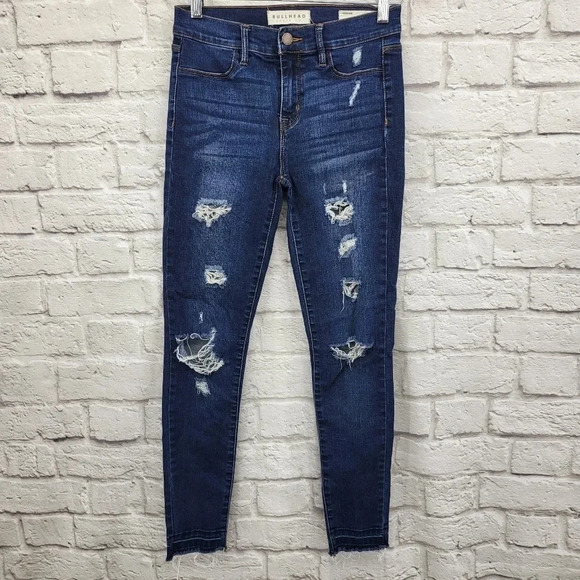 BULLHEAD Dark Wash Mid Rise Jegging Distressed Jeans Sz 26 - Picture 1 of 13